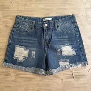 Misslook Women's Blue Denim Distressed Shorts
